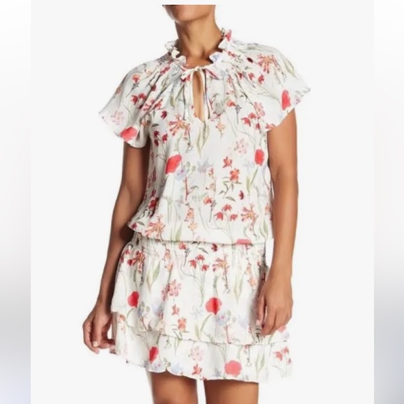 PARKER Silk Floral Smocked Drop Waist Mini Dress - Picture 2 of 8